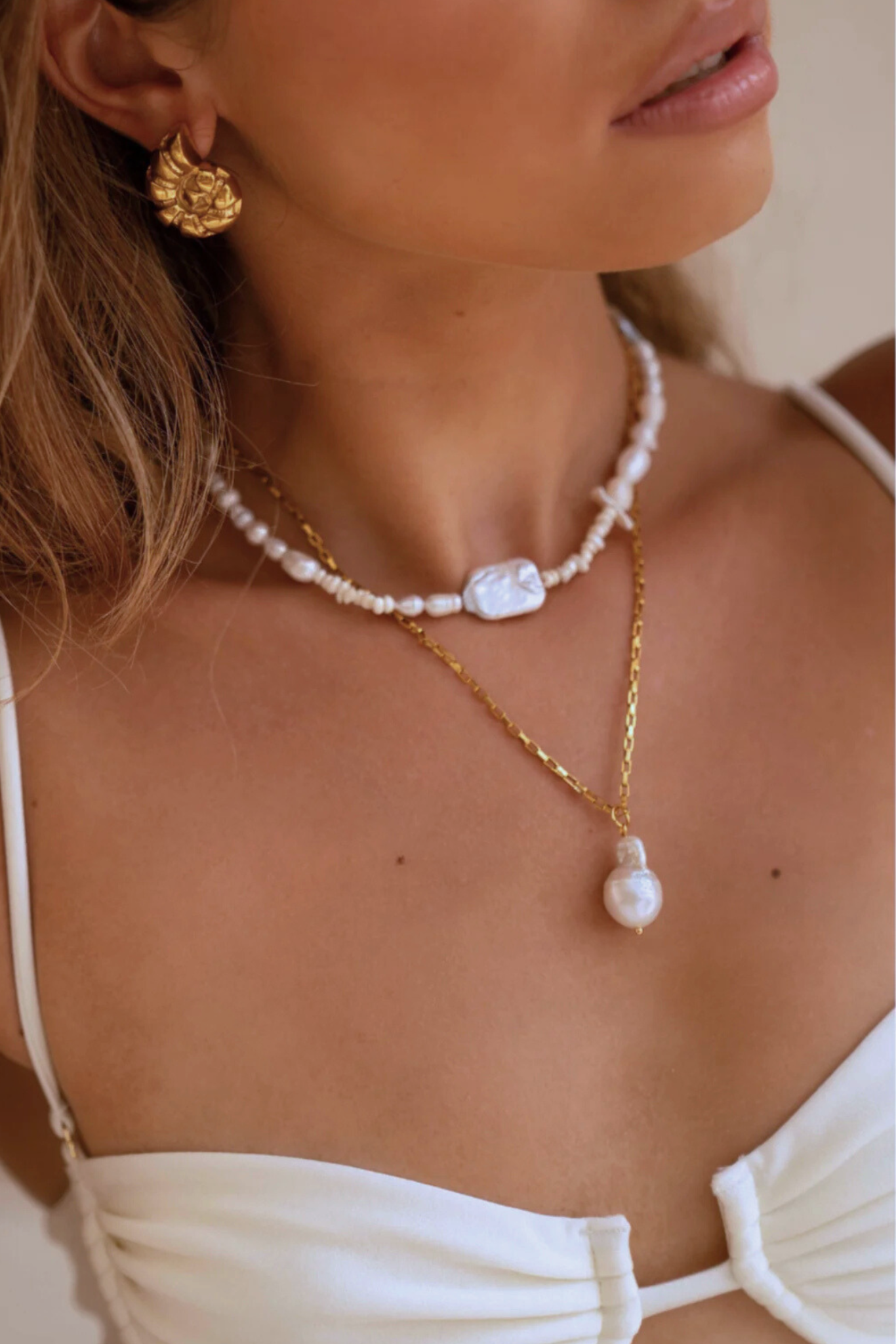 Ares 18k Gold Plated Baroque Pearl Beaded Necklace